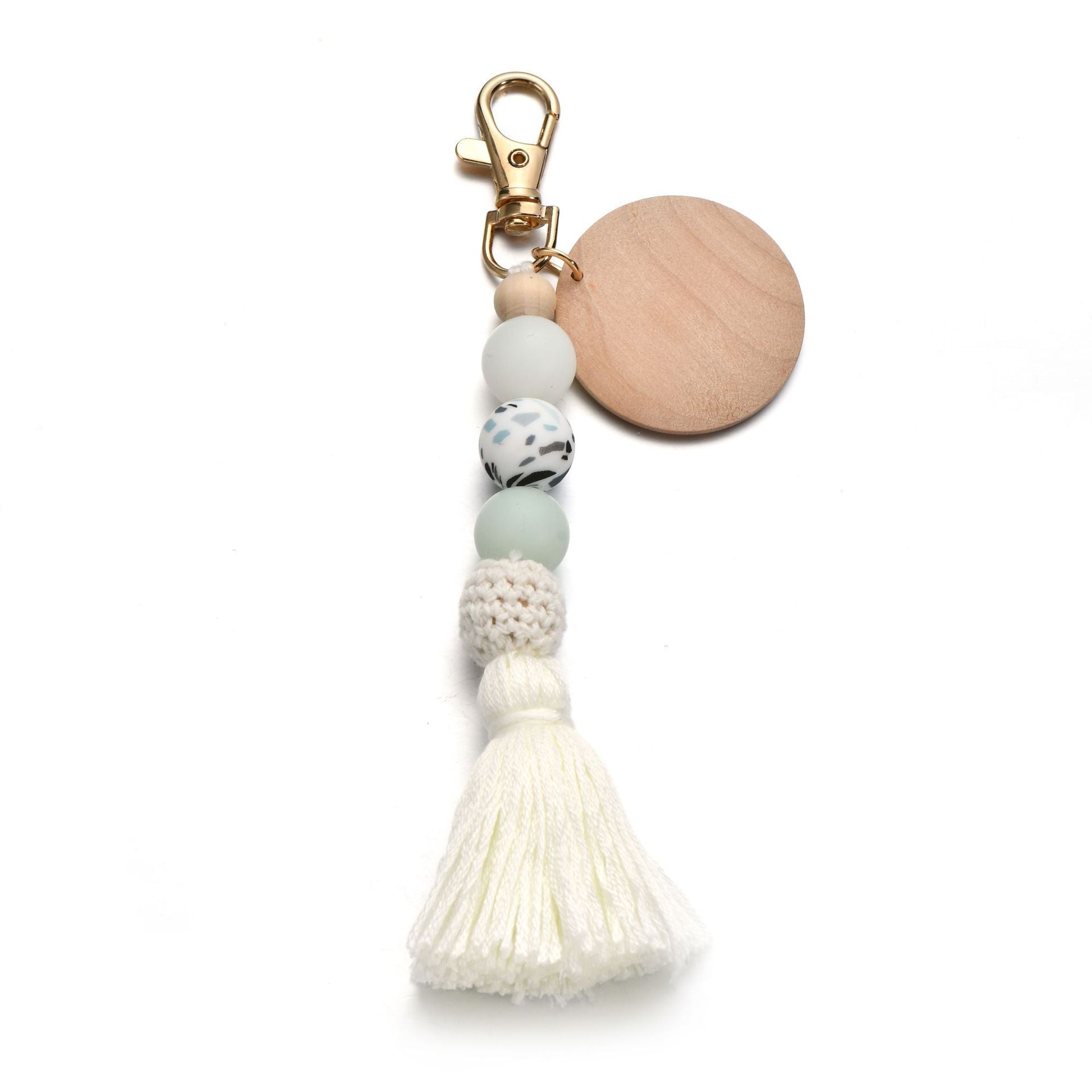 Wholesale Fluorescent Silicone Bead Wood Chip Tassel Keychain